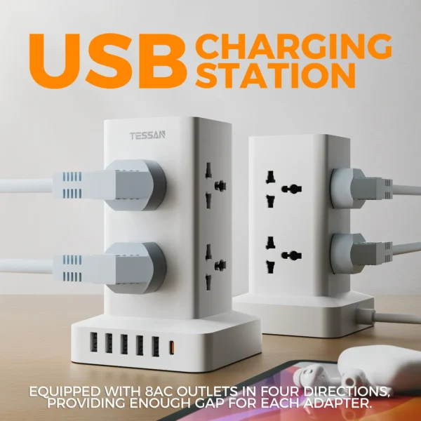 TESSAN 14-in-1 Universal Power Strip Tower with 8 AC Outlets, 5 USB-A, 1 USB-C, 5M Cable - Image 5