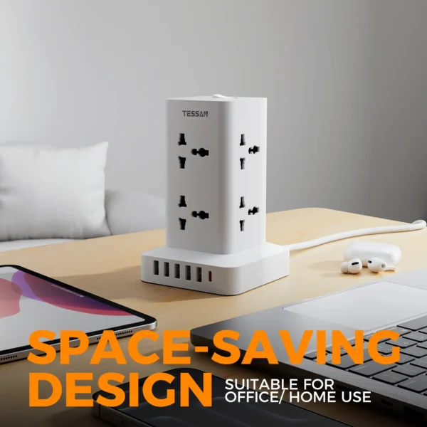 TESSAN 14-in-1 Universal Power Strip Tower with 8 AC Outlets, 5 USB-A, 1 USB-C, 5M Cable - Image 6