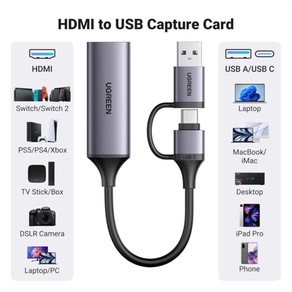 UGREEN 25854 HDMI Capture Card 1080P 60FPS USB 3.0 Video Recorder for Streaming & Gaming (4K@30Hz Input) - Image 3