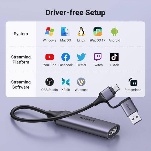 UGREEN 25854 HDMI Capture Card 1080P 60FPS USB 3.0 Video Recorder for Streaming & Gaming (4K@30Hz Input) - Image 7