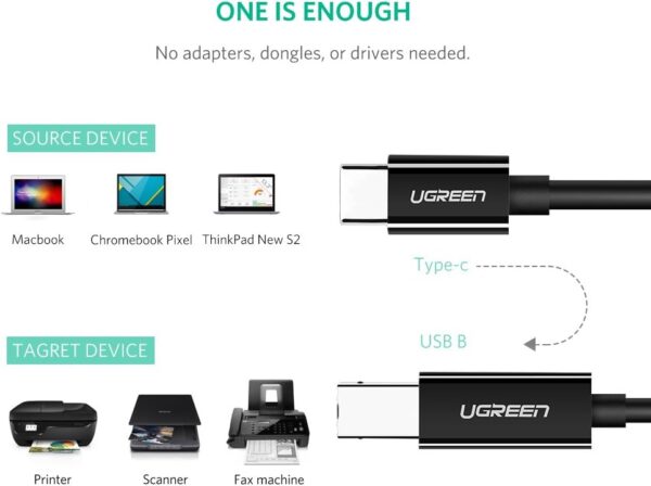UGREEN 50446 USB-C to USB-B Printer Cable (2 Meter) High-Speed Scanner Cord - Image 2