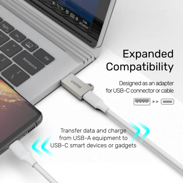 UNITEK USB-A to USB-C Adapter (USB 3.1 Gen1) Ultra-Compact 5Gbps Data & QC3.0 Fast Charging - Image 2