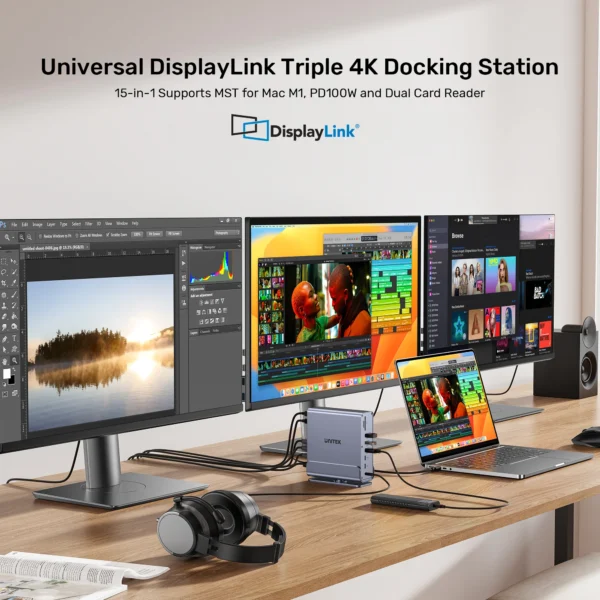 UNITEK 15-in-1 Universal DisplayLink Triple 4K@60Hz Docking Station, Aluminum, 360° Rotation - Image 4