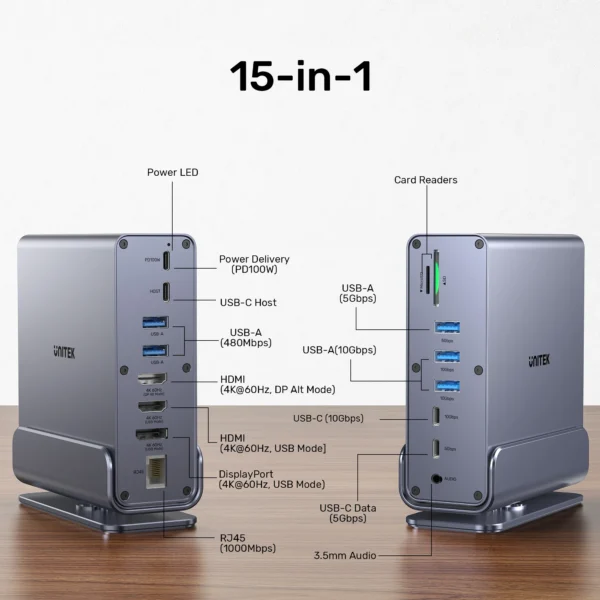 UNITEK 15-in-1 Universal DisplayLink Triple 4K@60Hz Docking Station, Aluminum, 360° Rotation - Image 5