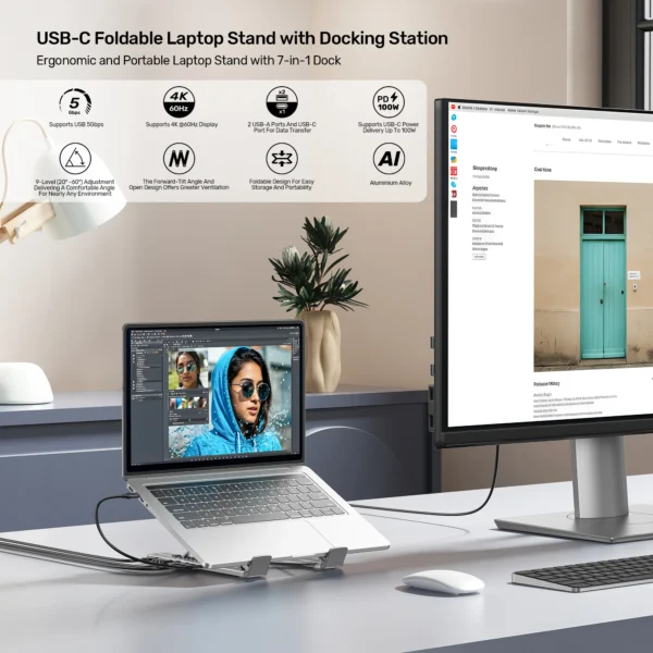 UNITEK Foldable Laptop Stand with 7-in-1 Docking Station  Aluminum USB-C Stand for MacBook, Laptop, Tablet - Image 5