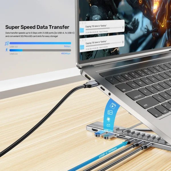UNITEK Foldable Laptop Stand with 7-in-1 Docking Station  Aluminum USB-C Stand for MacBook, Laptop, Tablet - Image 9