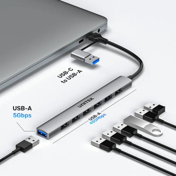 UNITEK uHUB S7 7-in-1 USB Hub 5Gbps Aluminum USB-C & USB-A Expander - Image 3