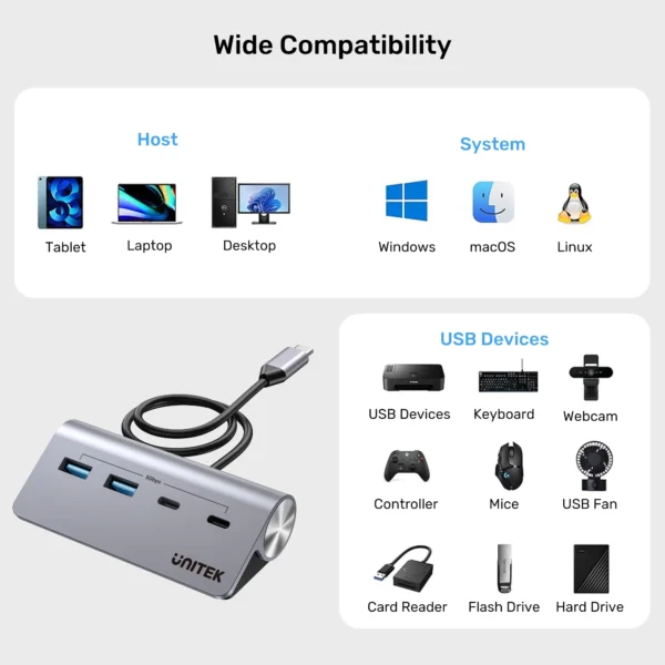 UNITEK uHUB Q4 4-in-1 USB-C Hub 5Gbps Dual USB-A & USB-C Aluminum Hub - Image 8