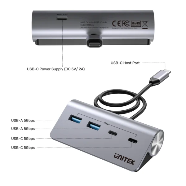 UNITEK uHUB Q4 4-in-1 USB-C Hub 5Gbps Dual USB-A & USB-C Aluminum Hub - Image 9