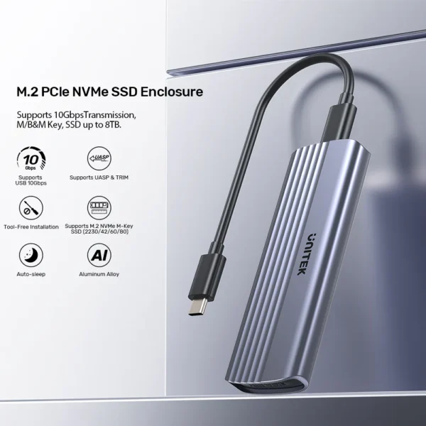 UNITEK M.2 NVMe SSD Enclosure USB-C 10Gbps, Aluminum Cooling - Image 2
