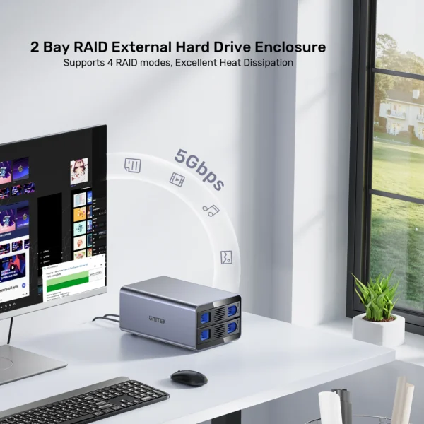 UNITEK 2-Bay RAID External Hard Drive Enclosure (10Gbps 40TB Max) Dual 2.5"/3.5" SATA HDD/SSD Dock - Image 5