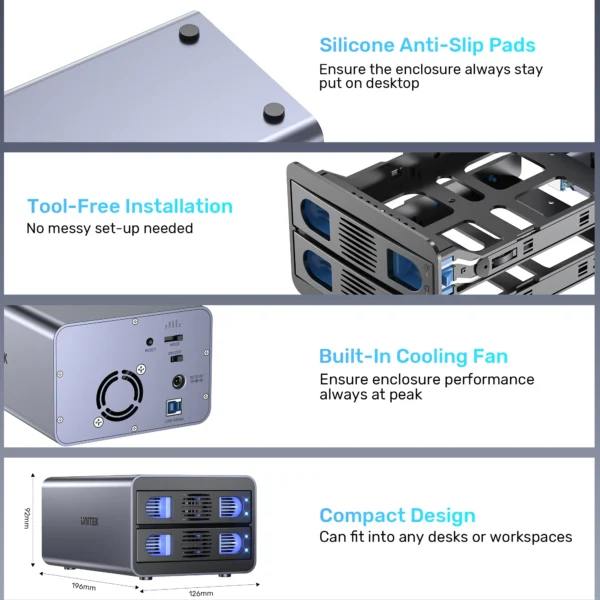 UNITEK 2-Bay RAID External Hard Drive Enclosure (10Gbps 40TB Max) Dual 2.5"/3.5" SATA HDD/SSD Dock - Image 10