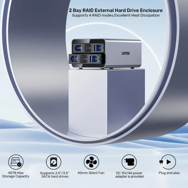 UNITEK 2-Bay RAID External Hard Drive Enclosure (10Gbps 40TB Max) Dual 2.5"/3.5" SATA HDD/SSD Dock - Image 12