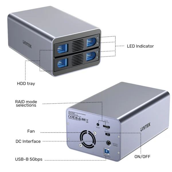 UNITEK 2-Bay RAID External Hard Drive Enclosure (10Gbps 40TB Max) Dual 2.5"/3.5" SATA HDD/SSD Dock - Image 16