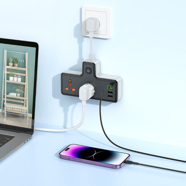 HOCO AC12A Reise 30W Power Strip with 2 AC Sockets & 4 USB Ports (3x USB-A + 1x USB-C) - Image 6