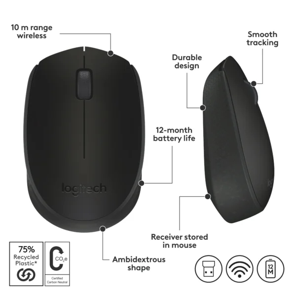 Logitech M170 Wireless Mouse 12-Month Battery 2.4GHz USB Nano Receiver 1000 DPI Plug & Play - Image 2