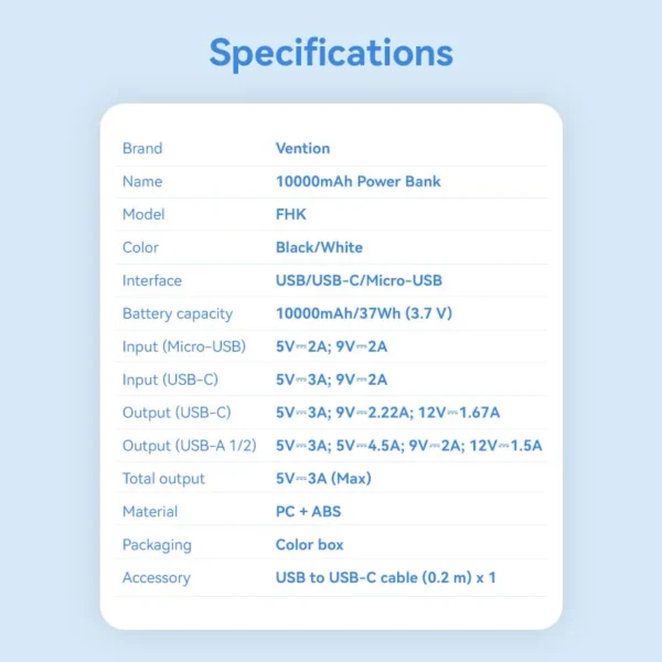 VENTION FHKB0 10000mAh Power Bank with 22.5W PD 3.0 Fast Charging Battery iPhone 17/16/15 /14 - Image 15