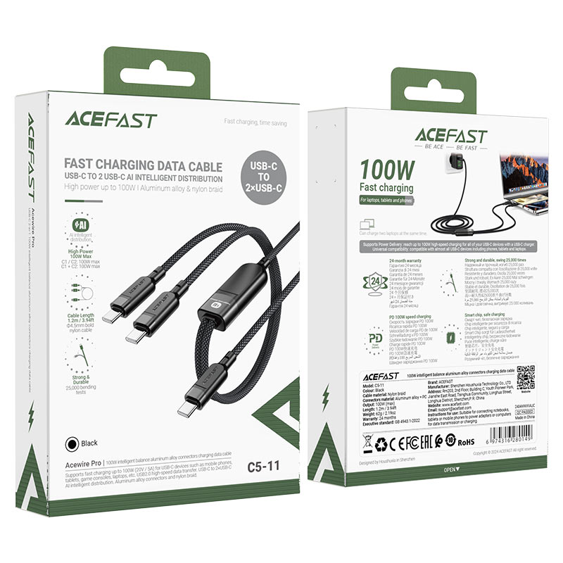 Acefast C5-11 100W Dual USB-C Charging Cable 1-to-2 Splitter (1.2 Mete) AI Power Distribution - Image 6