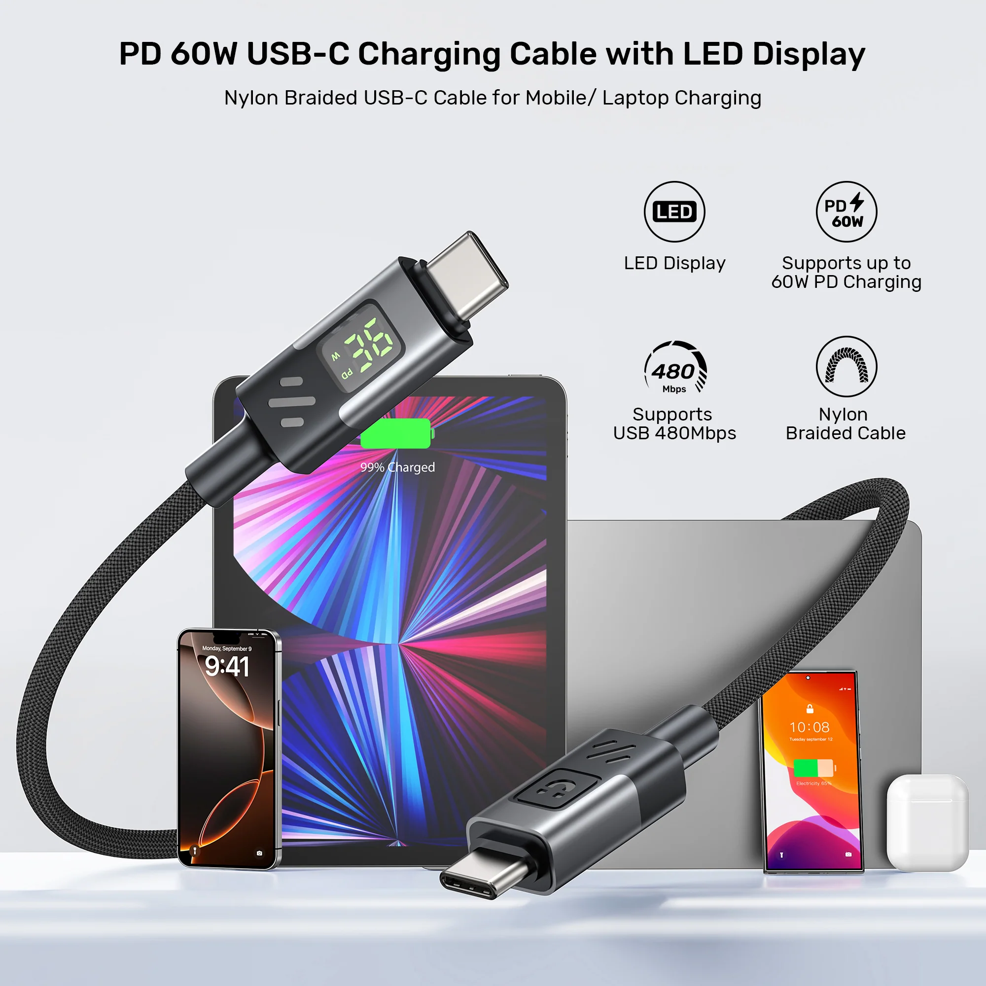 UNITEK PD 60W USB-C Cable with LED Display (2 Meters) E-Marker Chip for iPhone 17/1615, Galaxy S25/S24 - Image 2