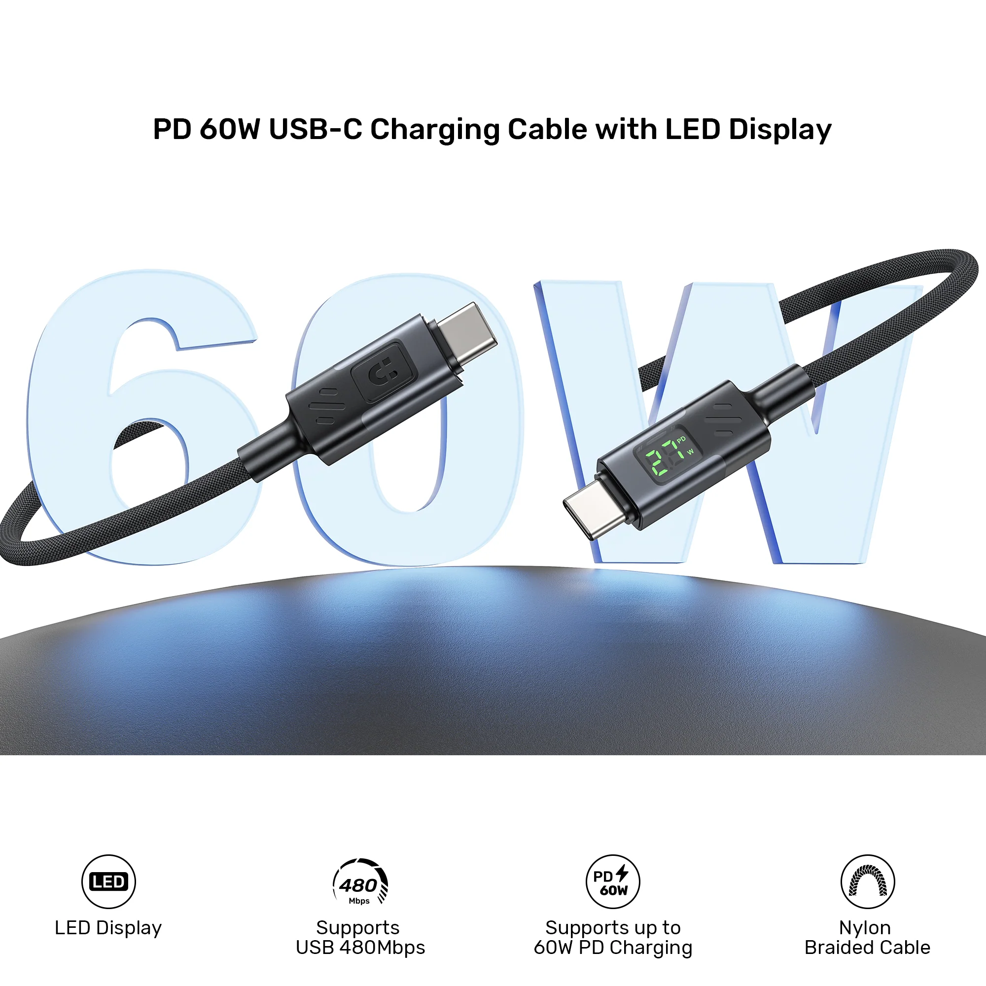 UNITEK PD 60W USB-C Cable with LED Display (2 Meters) E-Marker Chip for iPhone 17/1615, Galaxy S25/S24 - Image 3