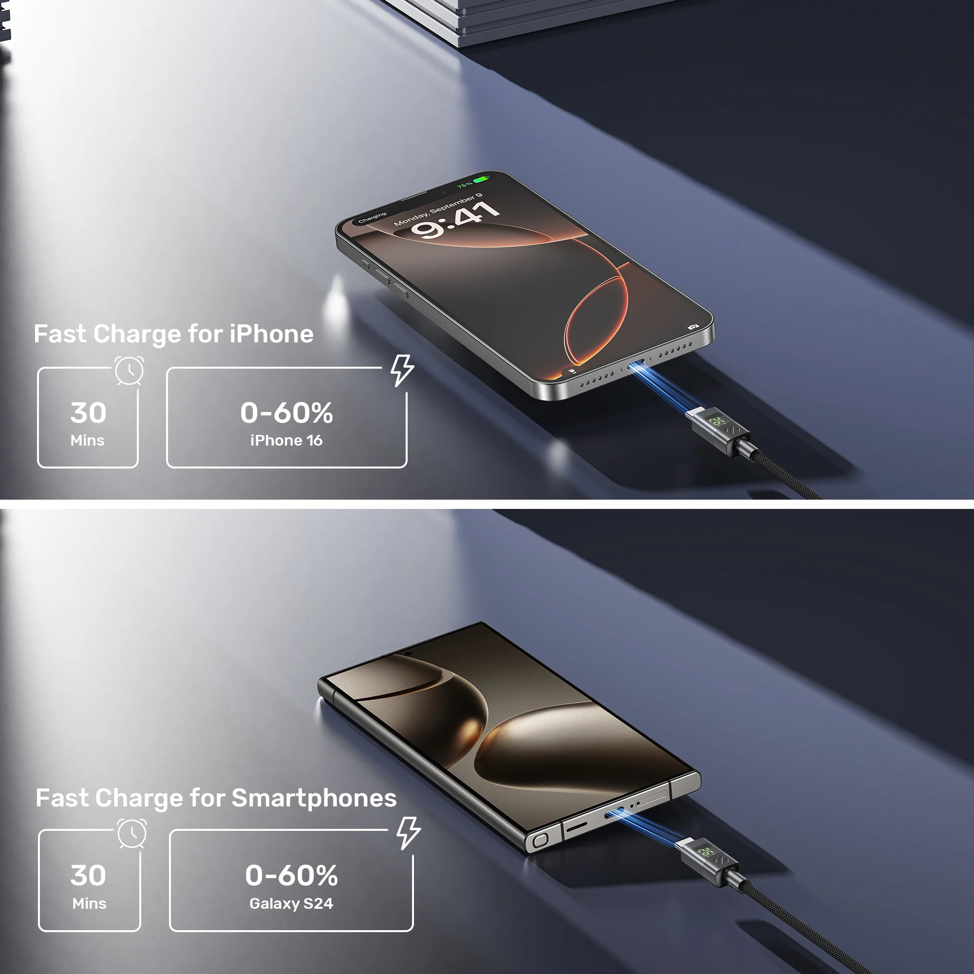 UNITEK PD 60W USB-C Cable with LED Display (2 Meters) E-Marker Chip for iPhone 17/1615, Galaxy S25/S24 - Image 6