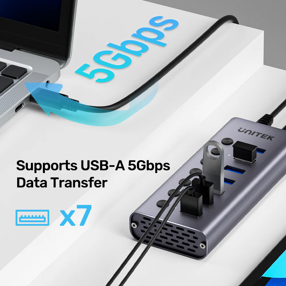 UNITEK 7-in-1 USB Hub with Individual Port Switches 7x USB-A 5Gbps + BC1.2 Fast Charging - Image 3