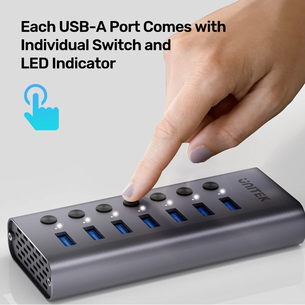 UNITEK 7-in-1 USB Hub with Individual Port Switches 7x USB-A 5Gbps + BC1.2 Fast Charging - Image 4