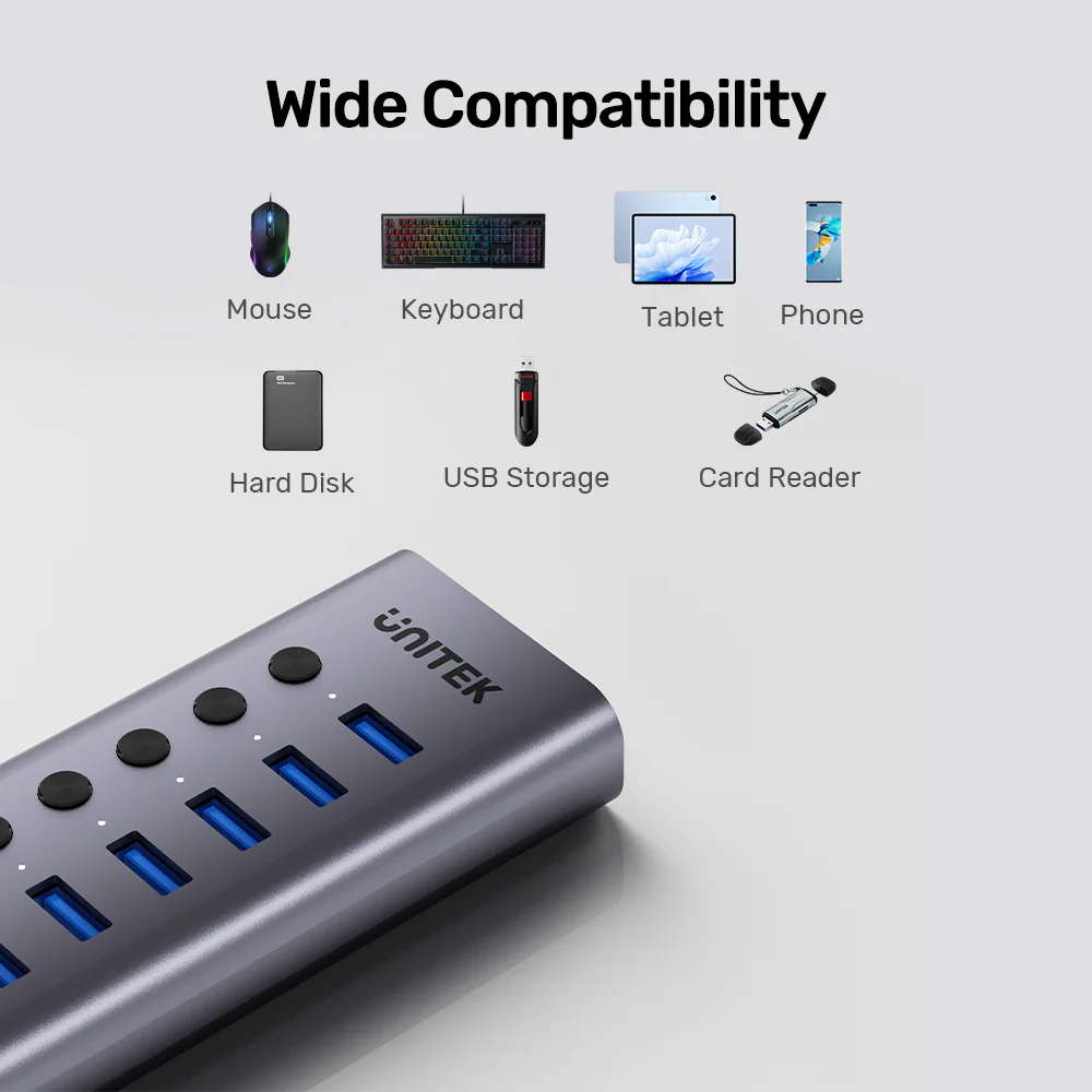 UNITEK 7-in-1 USB Hub with Individual Port Switches 7x USB-A 5Gbps + BC1.2 Fast Charging - Image 6