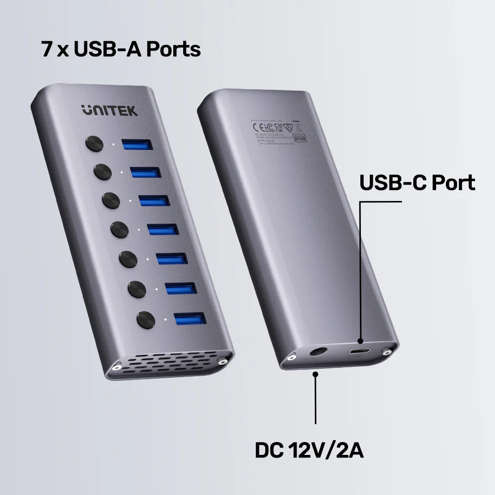 UNITEK 7-in-1 USB Hub with Individual Port Switches 7x USB-A 5Gbps + BC1.2 Fast Charging - Image 8