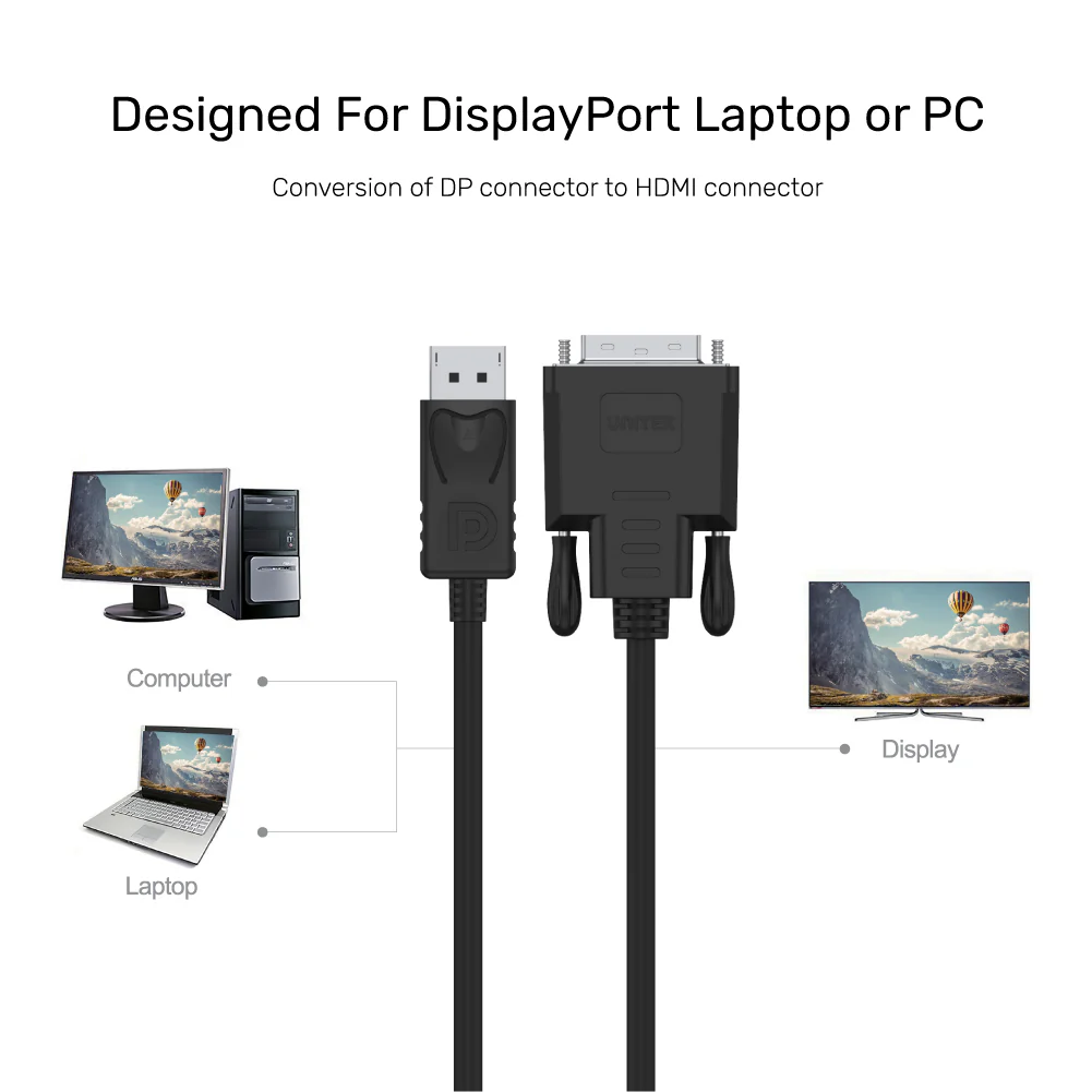 UNITEK DisplayPort to DVI-D Cable (1.8 Meter) 1920x1200 @60Hz Active Adapter Cable - Image 4