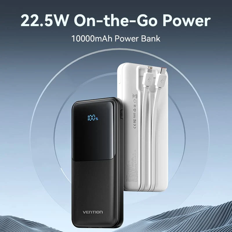 VENTION FHOB0 10000mAh Power Bank 22.5W Fast Charging with Built-in Cables (Black) for iPhone 17/16/15 /14 - Image 2