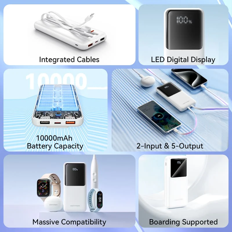 VENTION FHOB0 10000mAh Power Bank 22.5W Fast Charging with Built-in Cables (Black) for iPhone 17/16/15 /14 - Image 3