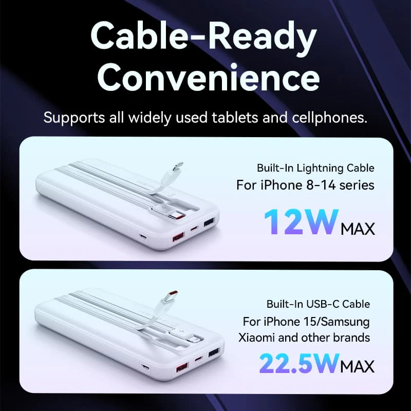 VENTION FHOB0 10000mAh Power Bank 22.5W Fast Charging with Built-in Cables (Black) for iPhone 17/16/15 /14 - Image 4