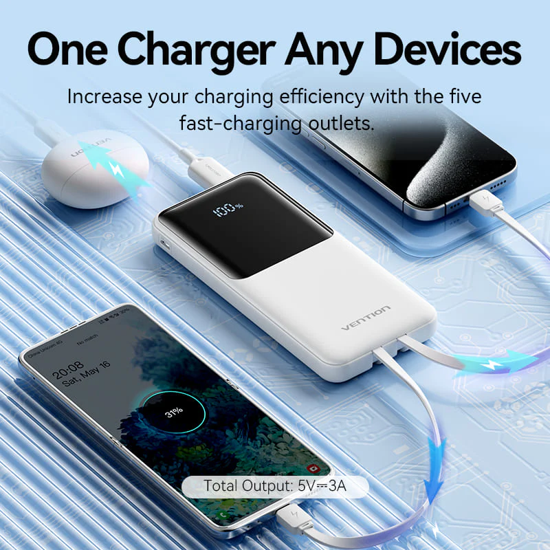 VENTION FHOB0 10000mAh Power Bank 22.5W Fast Charging with Built-in Cables (Black) for iPhone 17/16/15 /14 - Image 5