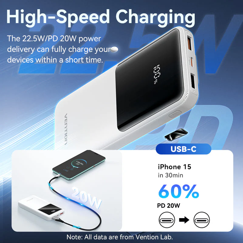 VENTION FHOB0 10000mAh Power Bank 22.5W Fast Charging with Built-in Cables (Black) for iPhone 17/16/15 /14 - Image 8
