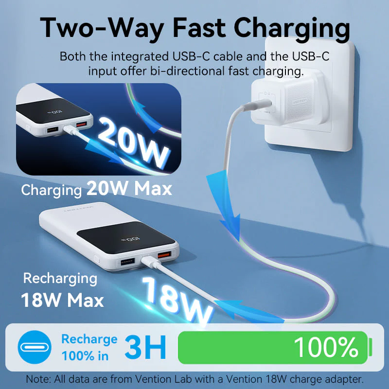 VENTION FHOB0 10000mAh Power Bank 22.5W Fast Charging with Built-in Cables (Black) for iPhone 17/16/15 /14 - Image 9