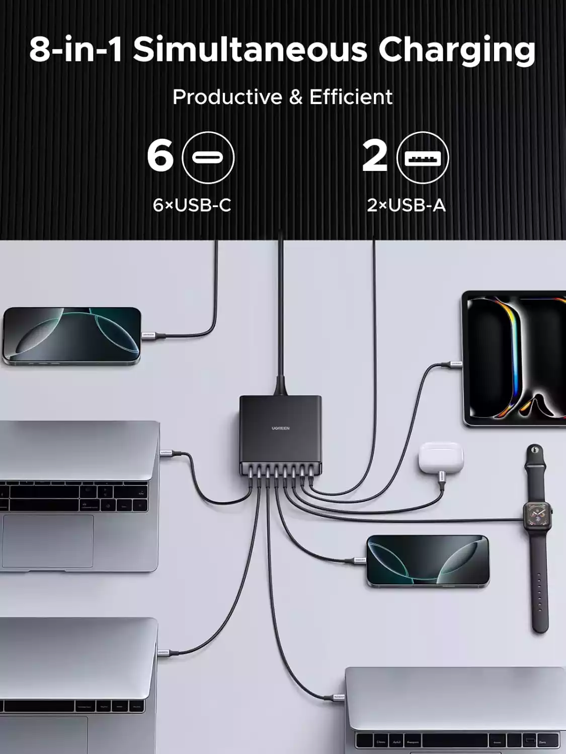 UGREEN 55763 8-Port GaN Desktop Charger 200W with (6x USB-C & 2x USB-A) for MacBook Pro, iPhone 17/16, Galaxy S25 - Image 3