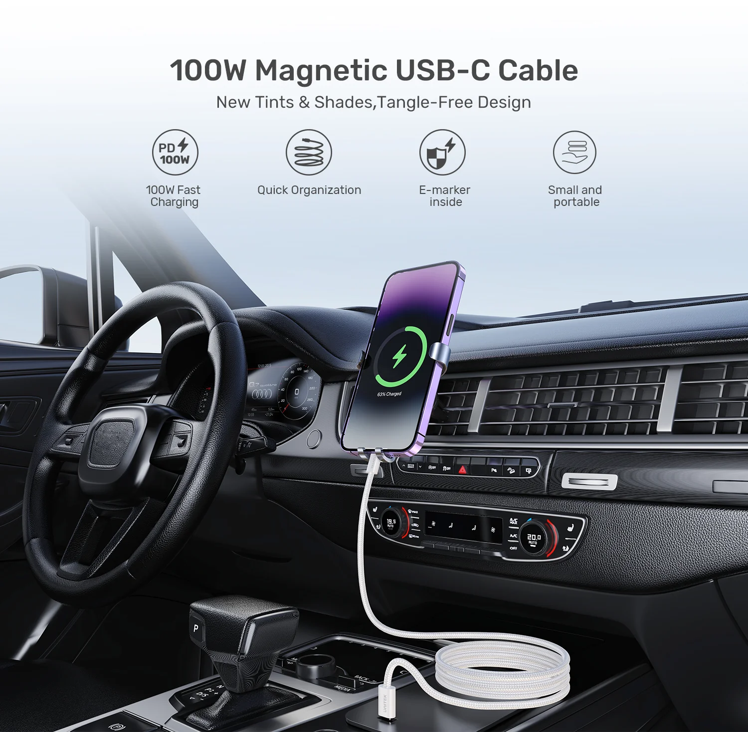 UNITEK 100W Magnetic USB-C Cable (1 Meter) PD3.0 Fast Charging, Nylon Braided Double-Braided, E-Marker Chip