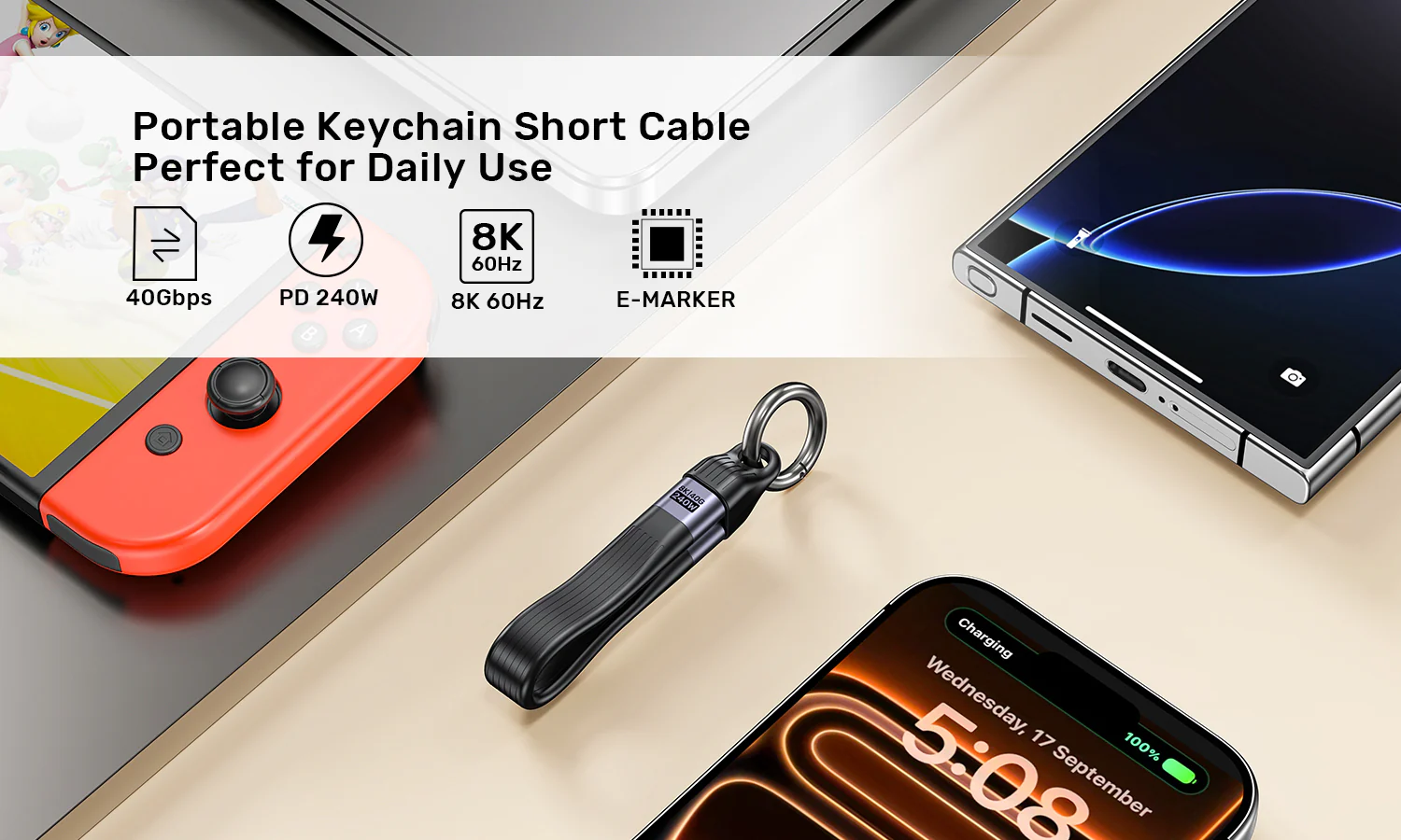 UNITEK USB4 Keychain Cable, 240W PD3.1 Fast Charging (0.13 Meter) 40Gbps Data Transfer, 8K@60Hz Video Thunderbolt 4 Compatible