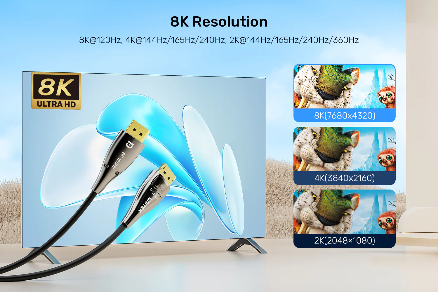 UNITEK 8K Fiber Optic DisplayPort 2.1 Cable (10 Meters) 8K@120Hz 54Gbps High Bandwidth