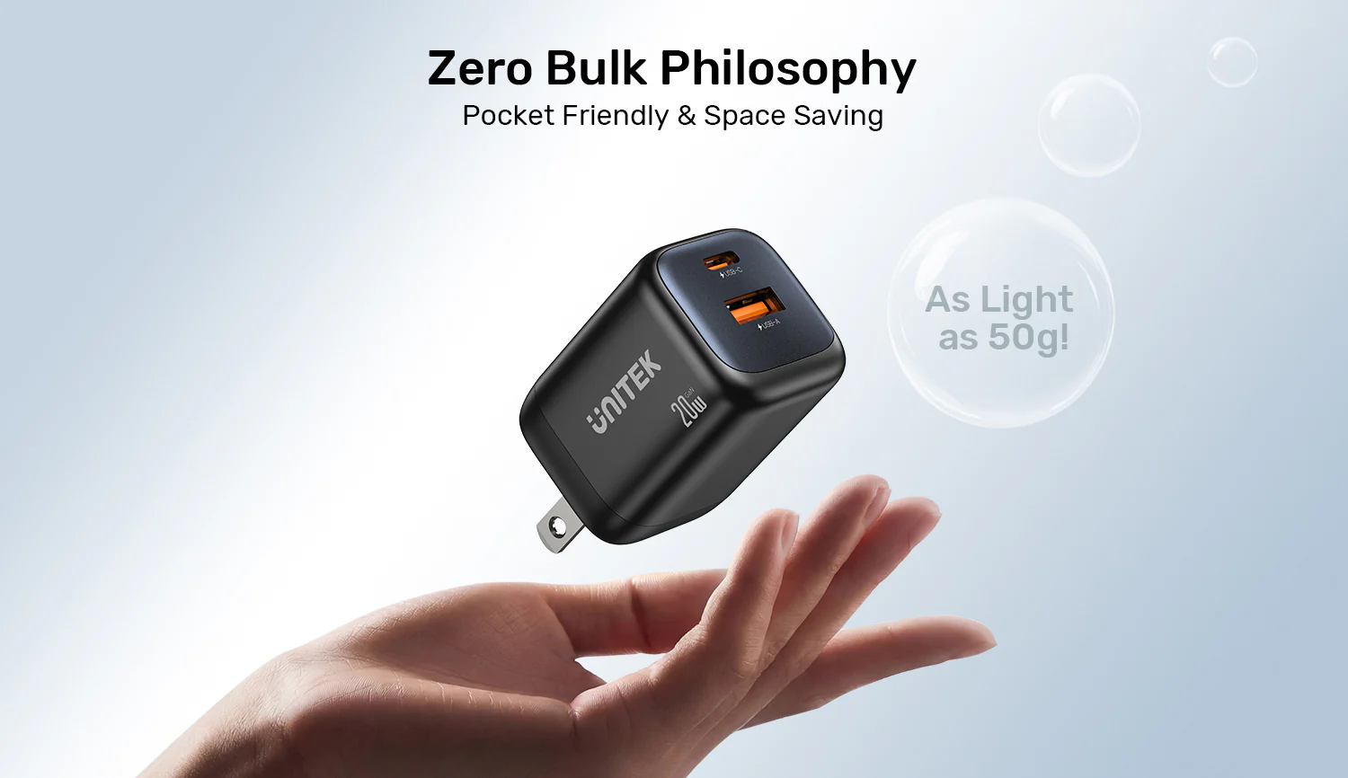 UNITEK Zeno 20W Dual-Port GaN Wall Charger, 20W USB-C PD 3.0 + 18W USB-A QC 3.0