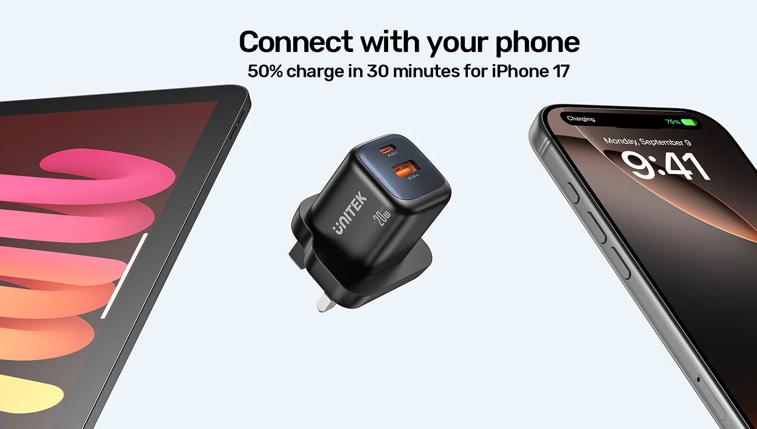 UNITEK Zeno 20W Dual-Port GaN Wall Charger, 20W USB-C PD 3.0 + 18W USB-A QC 3.0