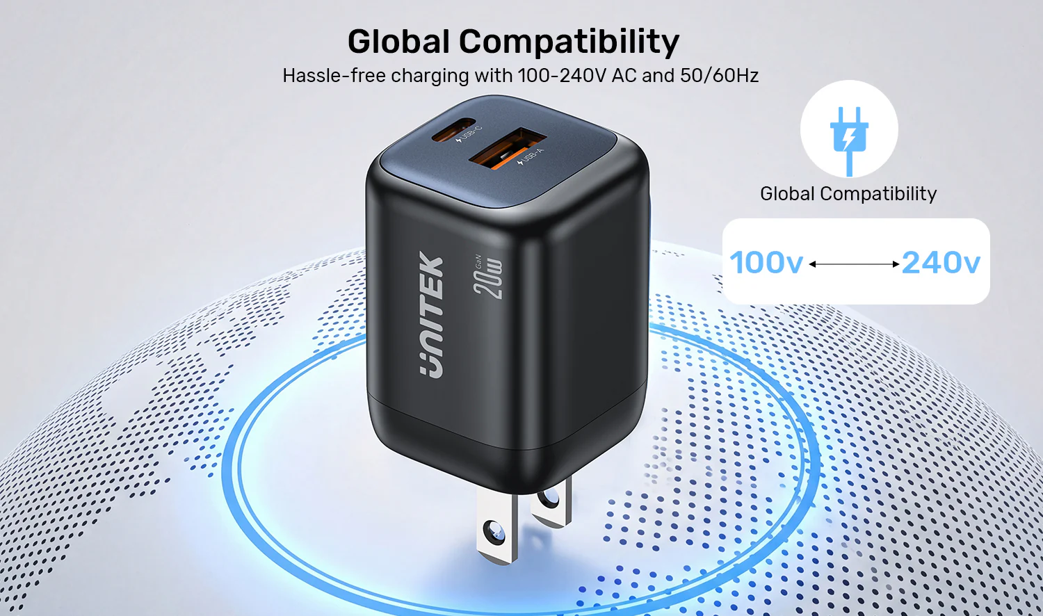 UNITEK Zeno 20W Dual-Port GaN Wall Charger, 20W USB-C PD 3.0 + 18W USB-A QC 3.0