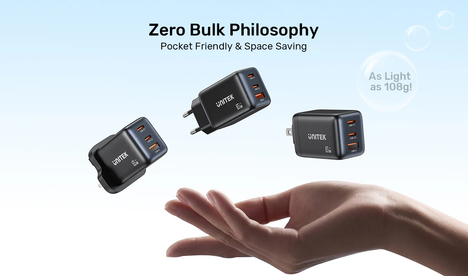 UNITEK Zeno 65W 3-Port GaN Wall Fast Charger (EU Plug) for Samsung SFC 2.0, PD3.0, QC3.0, for iPhone 17/16/15 Pro Max