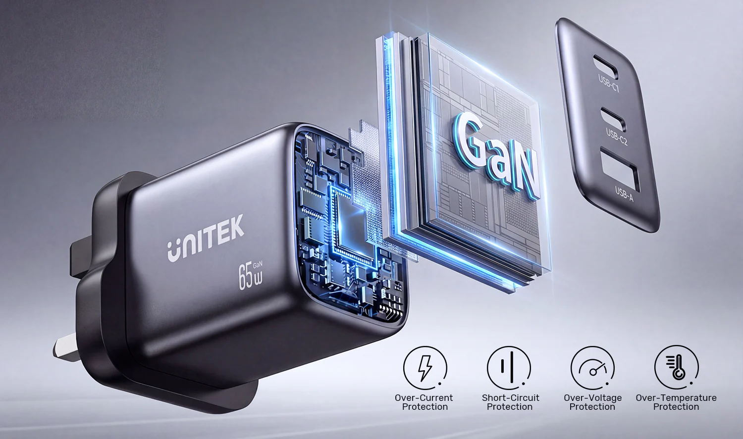 UNITEK Zeno 65W 3-Port GaN Wall Fast Charger (EU Plug) for Samsung SFC 2.0, PD3.0, QC3.0, for iPhone 17/16/15 Pro Max