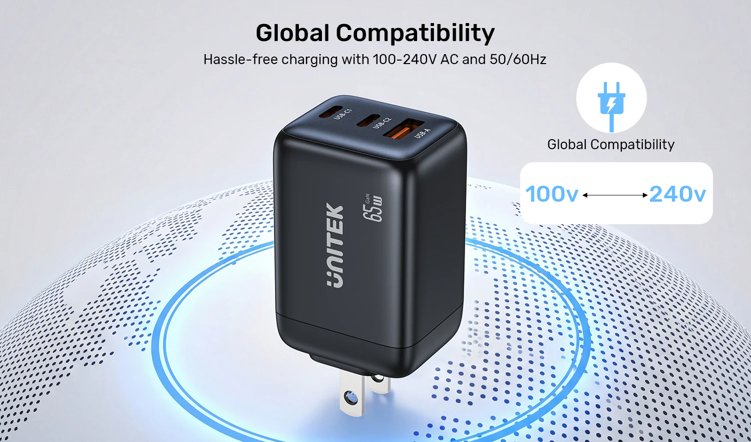UNITEK Zeno 65W 3-Port GaN Wall Fast Charger (EU Plug) for Samsung SFC 2.0, PD3.0, QC3.0, for iPhone 17/16/15 Pro Max