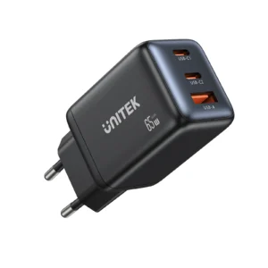 UNITEK Zeno 65W 3-Port GaN Wall Fast Charger (EU Plug) for Samsung SFC 2.0, PD3.0, QC3.0, for iPhone 17/16/15 Pro Max