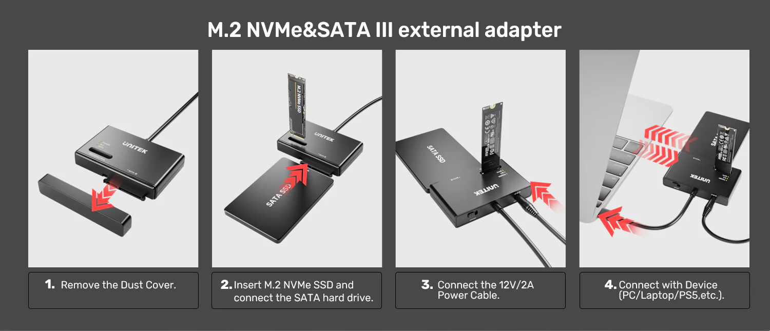 UNITEK NVMe M.2 SSD Enclosure Adapter, Dual Slot for M.2 PCIe NVMe and 2.5"/3.5" SATA SSD/HDD