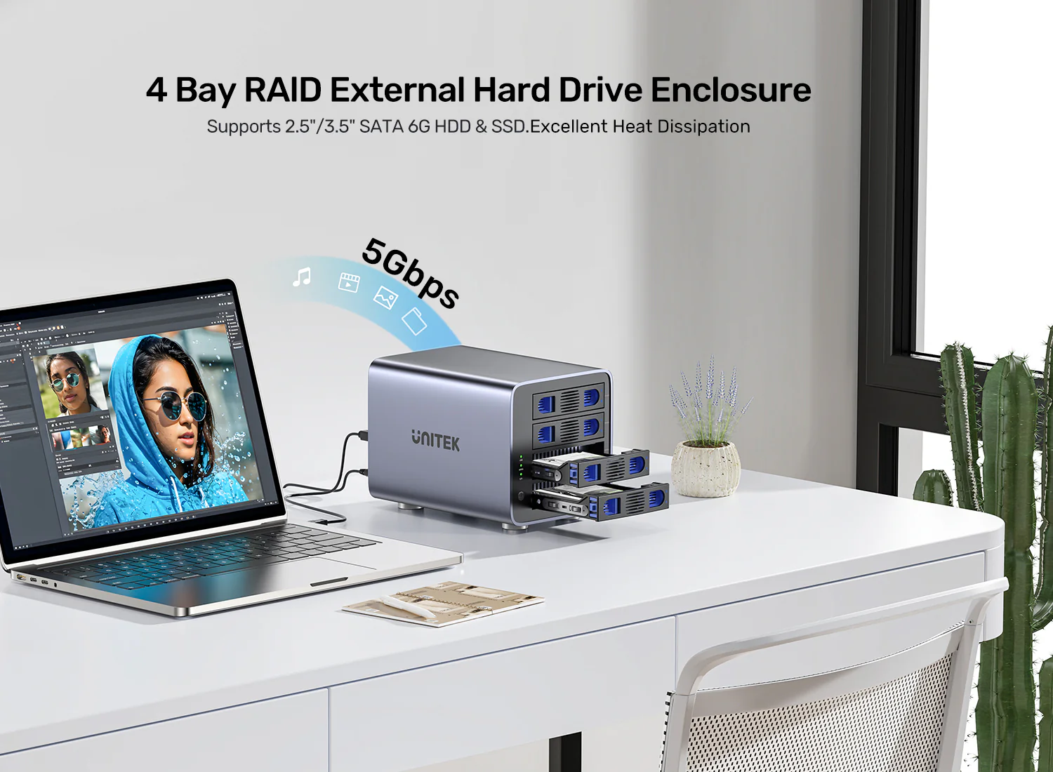 UNITEK 4 Bay RAID External Hard Drive Enclosure, USB 3.0 5Gbps, Supports 8 RAID for 2.5" and 3.5" SATA HDD/SSD, 80TB Max