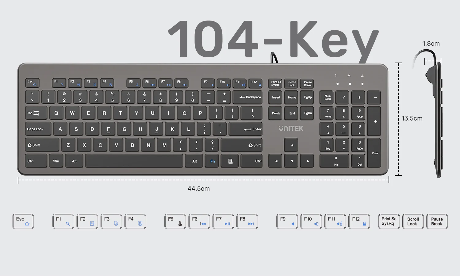 UNITEK SlimTap Ultra Light Wired Keyboard, 104 Keys, Ultra-Slim 18.4mm Profile, Silent Scissor-Switch Keys
